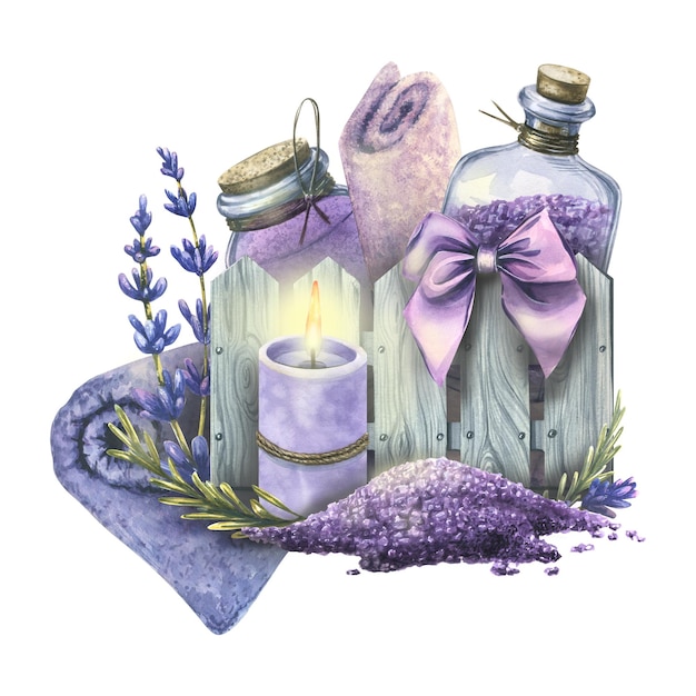 Un conjunto de cosméticos en una caja de madera con sal marina para baños y velas Ilustración de acuarela La composición de un gran conjunto de Lavender SPA Para decoración y diseño de anuncios de menús