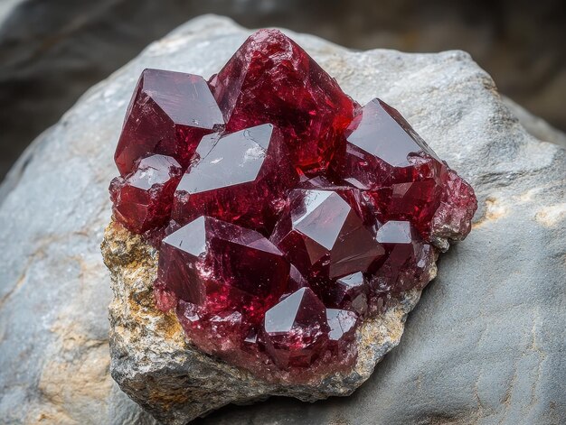 Conjunto de cristales de granado de color rojo profundo y bien formado en una matriz de roca