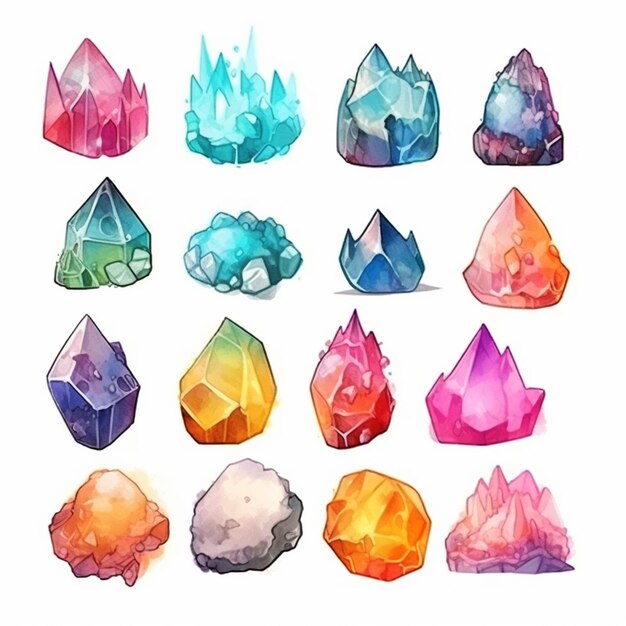 un conjunto de cristales y rocas de colores en un fondo blanco generativo ai