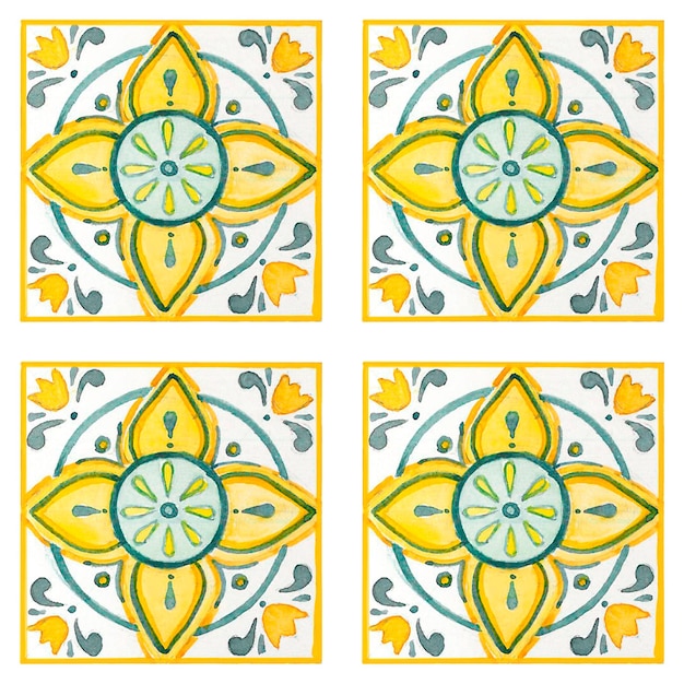 Un conjunto de cuatro azulejos con flores amarillas y verdes.