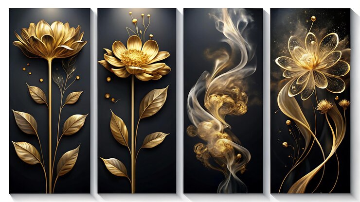 Conjunto de cuatro carteles verticales con abstractas flores doradas humeantes en lienzo oscuro
