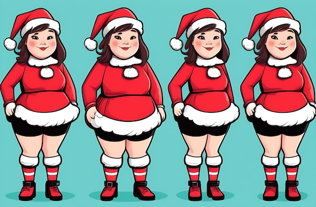 Foto un conjunto de cuatro chicas lindas y divertidas en calcetines cortos de muslo alto y una ilustración de sombrero de papá noel en una espalda verde