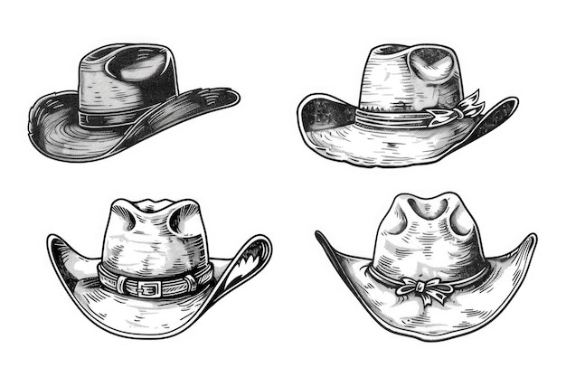 Foto un conjunto de cuatro sombreros de vaquero en blanco y negro perfectos para diseños de temática occidental