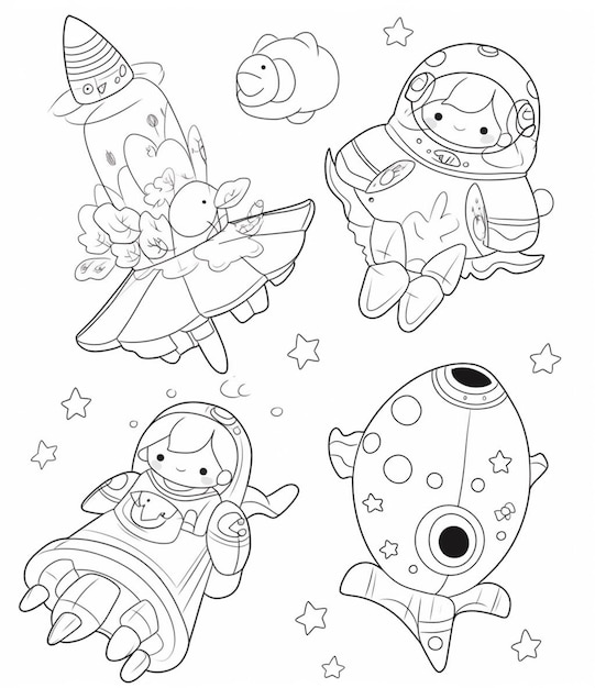 Foto un conjunto de cuatro transbordadores espaciales de dibujos animados con astronautas y estrellas generativas ai