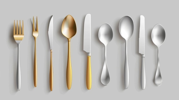 Conjunto de cubiertos grandes realistas Ilustración moderna de cucharas de plata y oro Cuchillo y tenedor de carnicero Vista superior de la vajilla de la cocina o del restaurante Maqueta de herramientas para comer