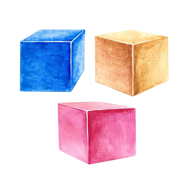 Foto un conjunto de cubos para niños rosa, amarillo y azul un juguete para niños ilustración de acuarela hecha a mano