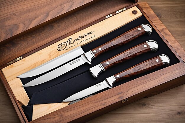 Conjunto de cuchillos de carne grabados a medida con caja de madera