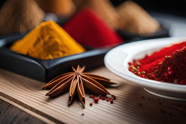 Foto un conjunto de cuencos de condimentos amarillos y rojos en una mesa.