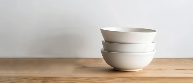 Conjunto de cuencos y platos blancos minimalistas en una mesa de madera aislados en un diseño limpio de fondo blanco