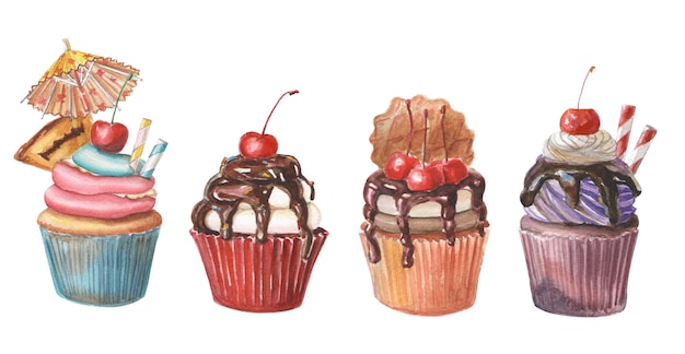 Conjunto de cupcakes de colores acuarela, muffins con cereza, crema y chocolate