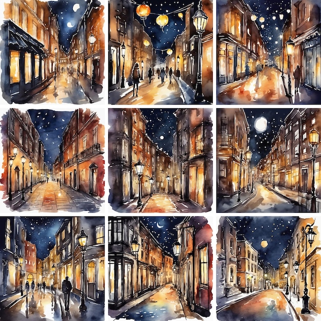 Conjunto da vida da rua noturna Aquarela ilustração pintada à mão