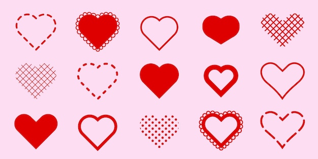 Conjunto de 15 ícones de coração vermelho em um fundo rosa Vários desenhos de coração, incluindo renda pontilhada e padrões sólidos Ícones do coração para o amor e Valentine39s temas Valentine39s Day elementos conjunto vetorial