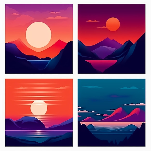 Conjunto de 4 imagens Pôr do sol no oceano nuvens no céu com o sol brilhando no mar Ai gera