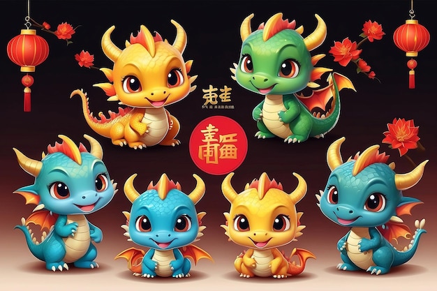 Conjunto de 5 pequenos dragões bonitos desenho de personagens de desenho animado para o ano novo chinês de 2024