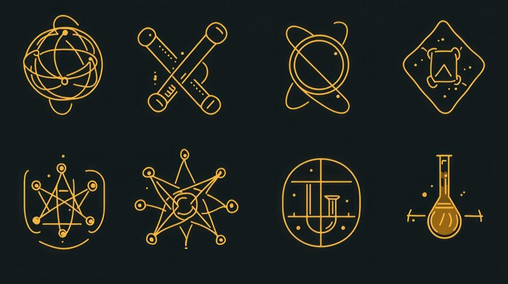 Foto conjunto de 8 ícones de linha de ciência e tecnologia minimalistas