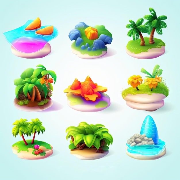 Foto conjunto de 9 ícones adoráveis de ilhas tropicais para recursos de jogos 3d