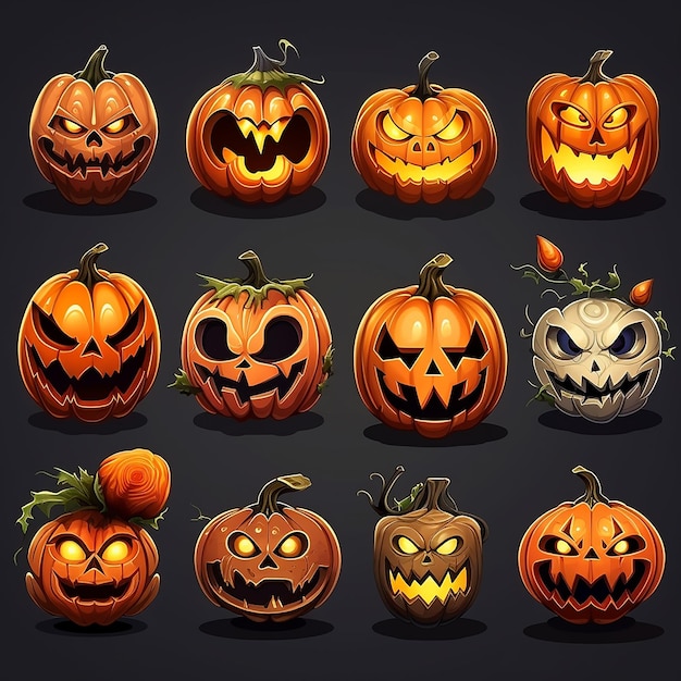 Foto conjunto de abóboras assustadoras de halloween