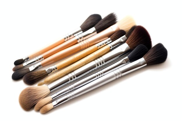 Foto conjunto de acessórios cosméticos de pincéis de maquiagem profissional definidos no conceito de ferramenta de maquiagem de fundo branco