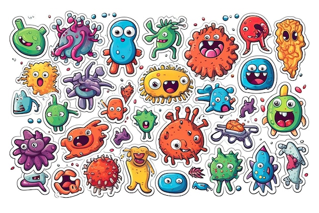 Conjunto de adesivos coloridos de monstros como personagens vírus e bactérias AI Conteúdo gerado