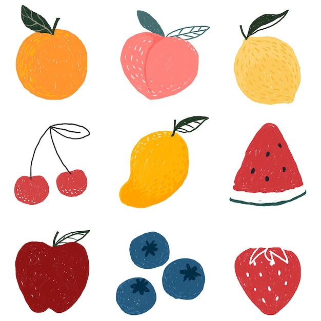 Conjunto de adesivos desenhados à mão de frutas PNG