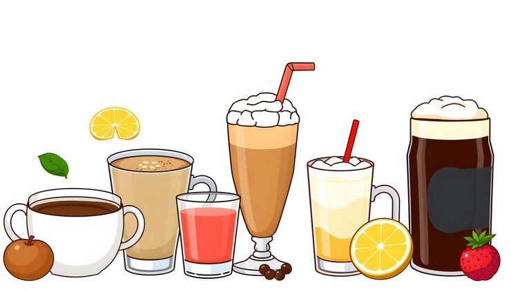 Foto conjunto de alimentos de desenho animado bebidas não alcoólicas chá chá de ervas chocolate quente latte mate café