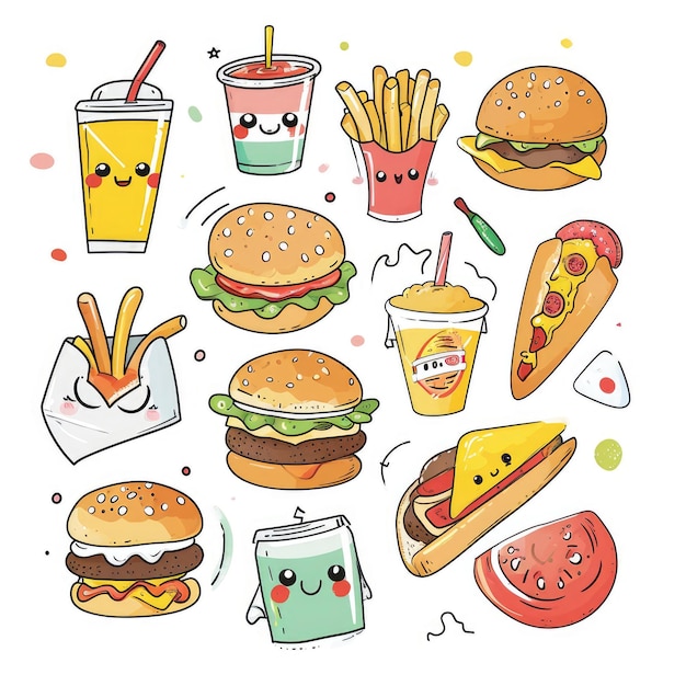 Conjunto de alimentos vários estilos de desenho animado