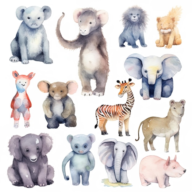 conjunto de animais aquarelados em um fundo branco isolado