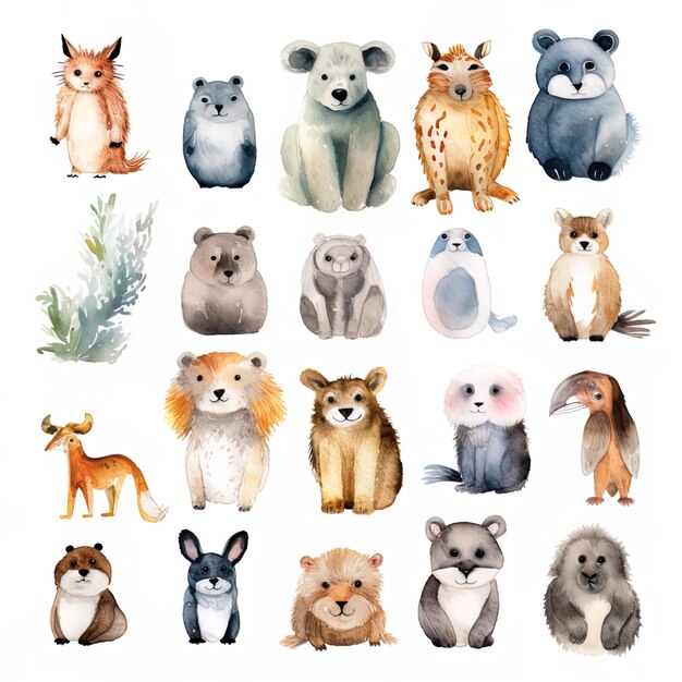 conjunto de animais de aquarela em um fundo branco isolado