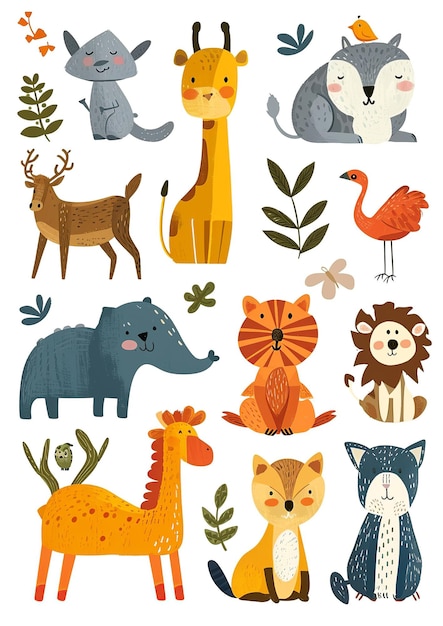Conjunto de animais de desenho animado bonitos em fundo branco