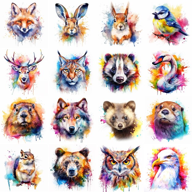 Conjunto de animais europeus pintados com aquarelas sobre fundo branco de maneira realista, multicolorido e iridescente Ideal para materiais didáticos, livros e designs com temas da natureza criados por IA