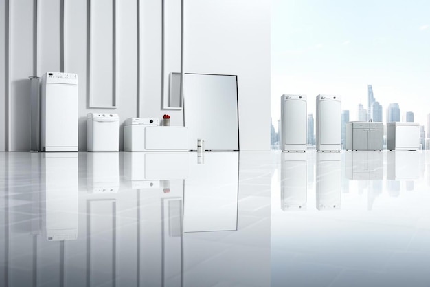 conjunto de aparelhos eletrônicos de cozinha domésticos no chão branco reflexivo contra a parede