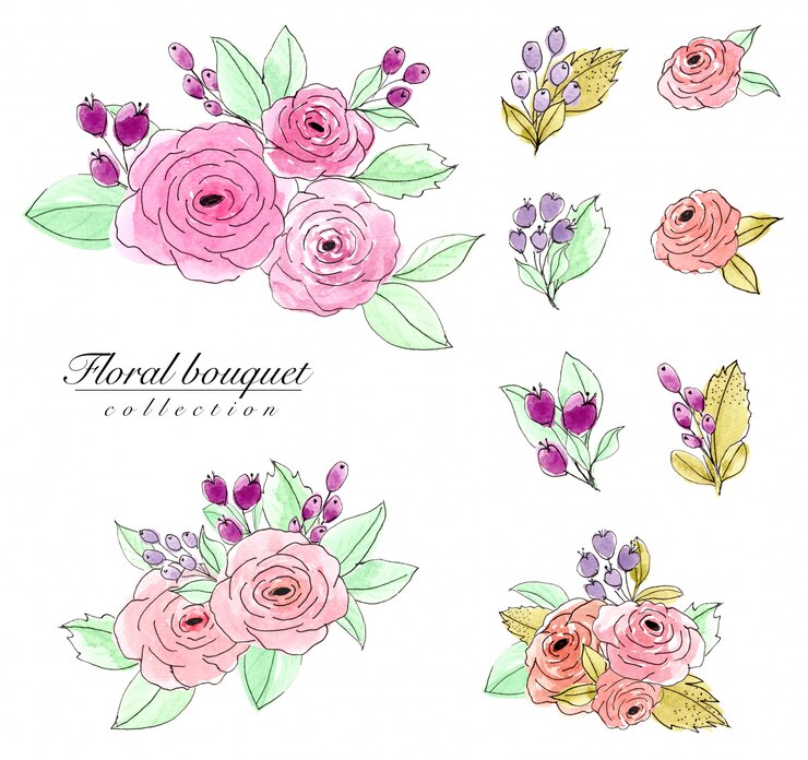Foto conjunto de aquarela buquê de flores