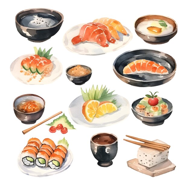 Conjunto de aquarela de comida japonesa e coreana