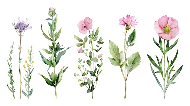 Foto conjunto de aquarelas científicas de várias flores