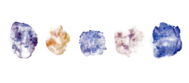 Conjunto de aquarelas de abstração de pêssego azul e salpicos roxos ilustrações isoladas em fundo branco