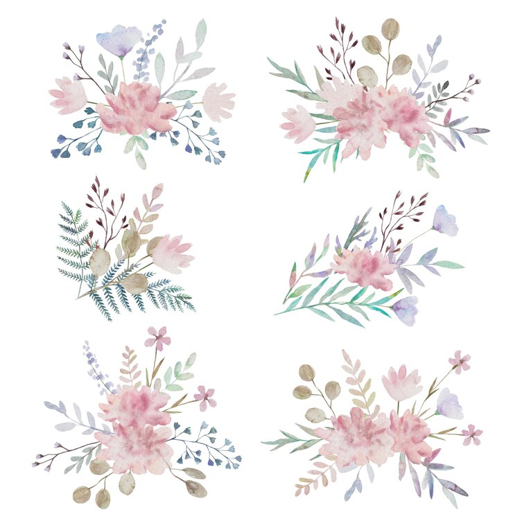 Foto conjunto de aquarelas de composições decorativas com delicadas flores de rosa, folhas e galhos