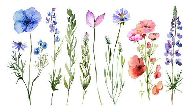 Foto conjunto de aquarelas de flores silvestres não domesticadas