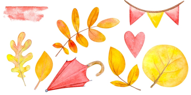 Foto conjunto de aquarelas ilustrações de outono clipart folhas bandeiras de guarda-chuva