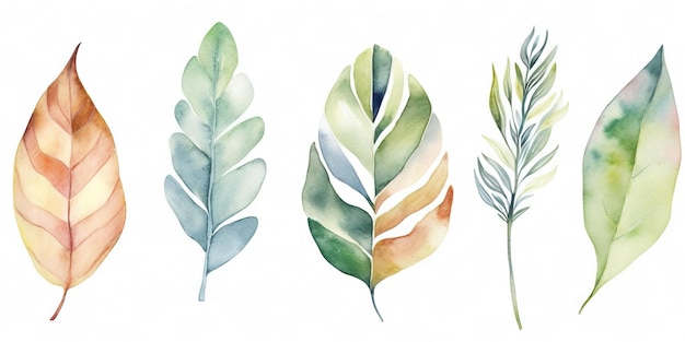 Foto conjunto de aquarelas ilustrando folhas tropicais isoladas em um fundo branco