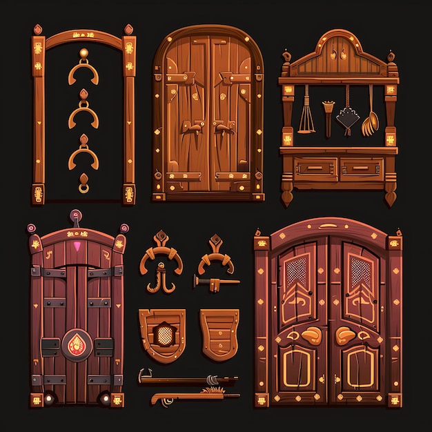 Conjunto de armários de estilo ocidental de 16 bits de pixel com portas de salão e Ho Game Asset Design Concept Art