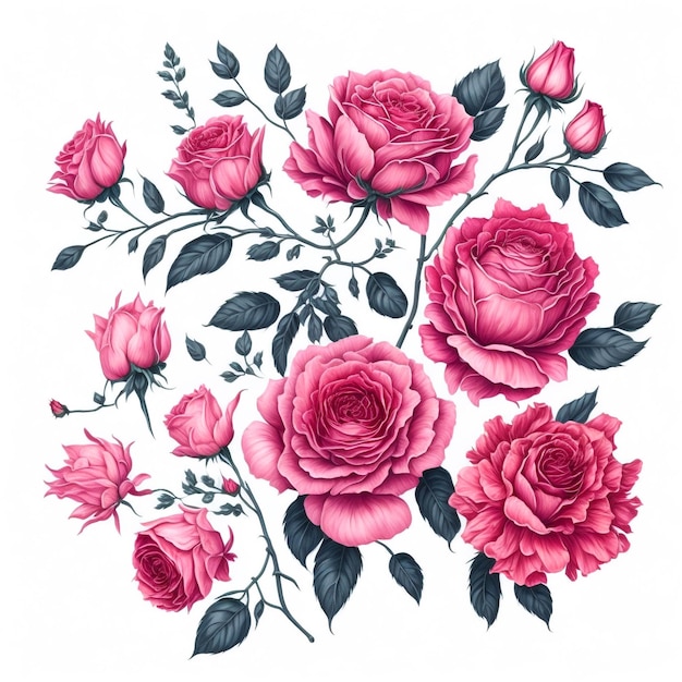 Conjunto de arranjos de flores de cor-de-rosa em aquarela