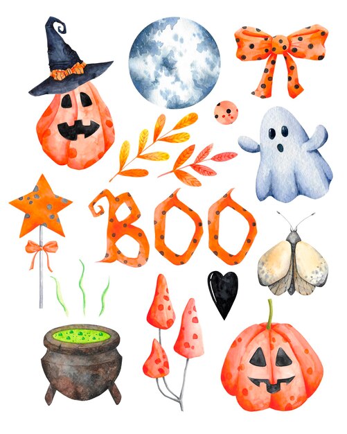 Foto conjunto de arte de clipe de halloween. outono, coleção de clipart de férias de outono. ilustrações em aquarela do helloween