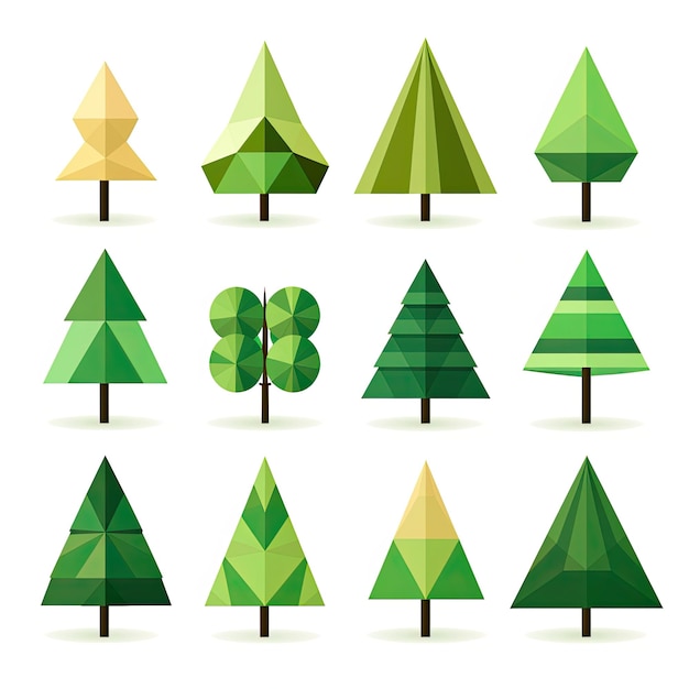 Conjunto de árvores poligonais ícone de estilo de desenho animado