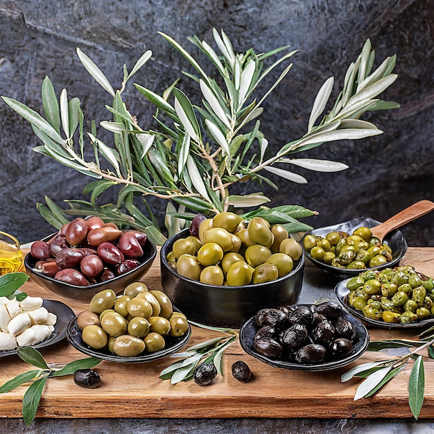 Foto conjunto de azeitonas pretas verdes e de vários tipos italianos