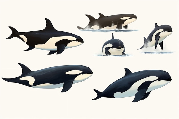Conjunto de baleias orcas isoladas em fundo branco Generative AI