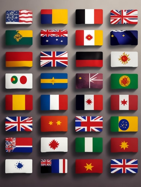 Foto conjunto de bandeiras dos países mais famosos bandeiras em forma de círculo sobre um fundo cinzento