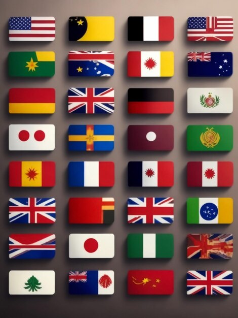 Conjunto de bandeiras dos países mais famosos Bandeiras em forma de círculo sobre um fundo cinzento