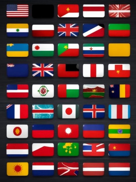 Conjunto de bandeiras dos países mais famosos Bandeiras em forma de círculo sobre um fundo cinzento