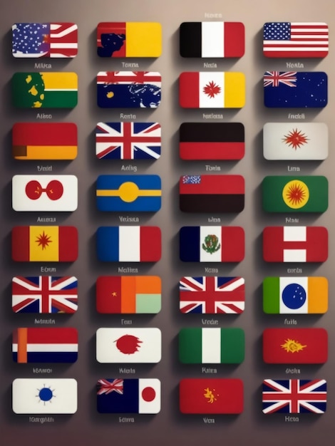 Conjunto de bandeiras dos países mais famosos Bandeiras em forma de ovais com sombra sobre um fundo cinzento
