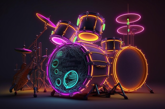 Conjunto de bateria com imagem neon brilhante Ai gerou arte